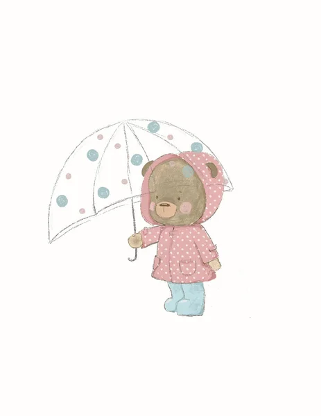 Hand drawn cute teddy bear under an umbrella, rainy weather
