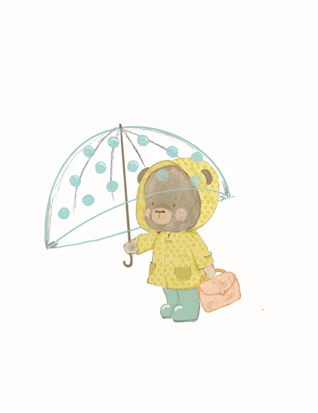 Hand Drawn Cute Teddy Bear Umbrella Rainy Weather — Stock fotografie