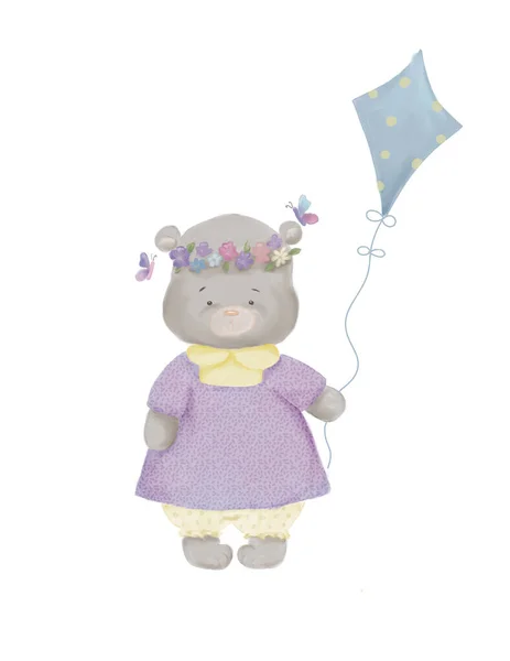 hand drawing of a cute cartoon bear in a dress and with flowers and butterflies