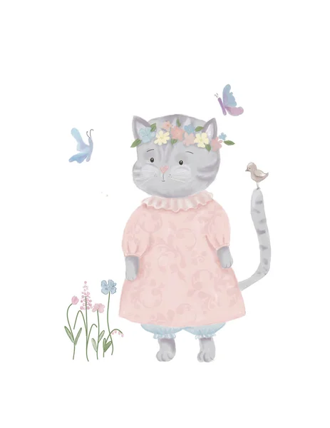 Hand Drawing Cute Cartoon Cat Dress Flowers Butterflies — Stock Fotó