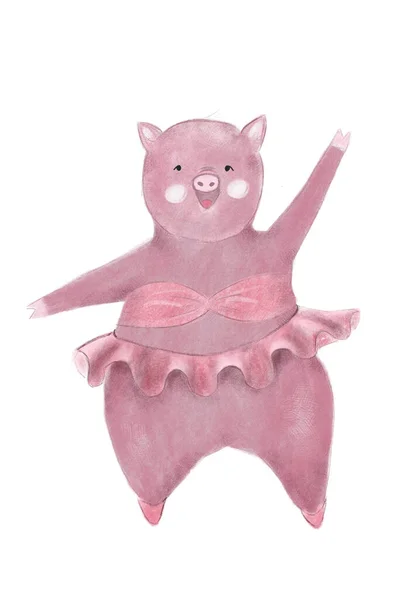Hand Drawn Cute Cartoon Pink Ballerina Pig Funny Dancing Pig — Stock Photo, Image