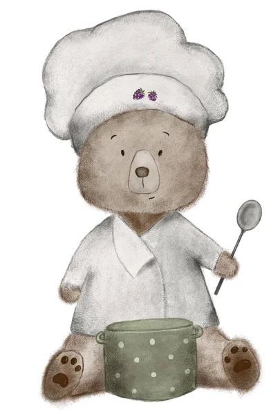 hand drawing of a cute teddy bear in a chef\'s hat and with a spoon, cartoon chef bear