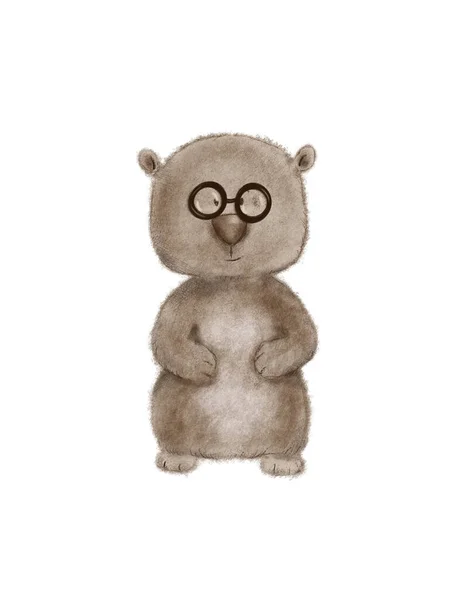 Mão Desenhada Bonito Desenho Animado Urso Marrom Usando Óculos Engraçados — Fotografia de Stock