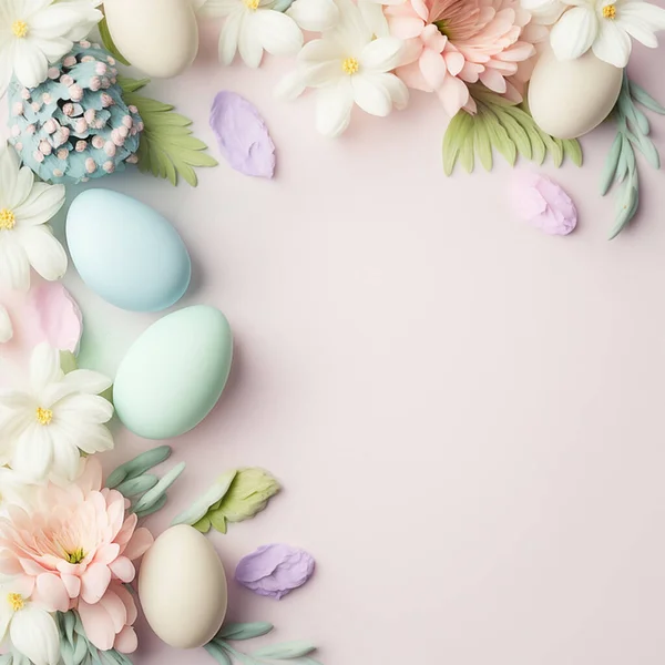 Easter background spring flowers easter flowers. Top view with copy space negative space soft dreamy pastel colors