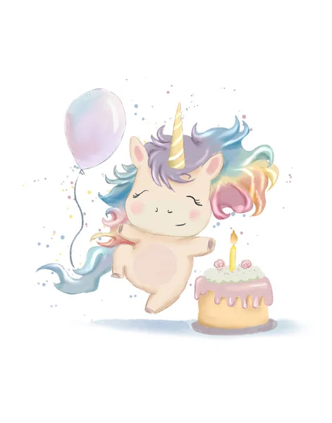 Drawing of a cheerful unicorn with a birthday cake and balloon, rainbow mood, magic pony