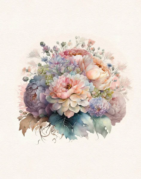 watercolor drawing of a flower bouquet in pastel colors on watercolor paper, greeting card, wedding invitation