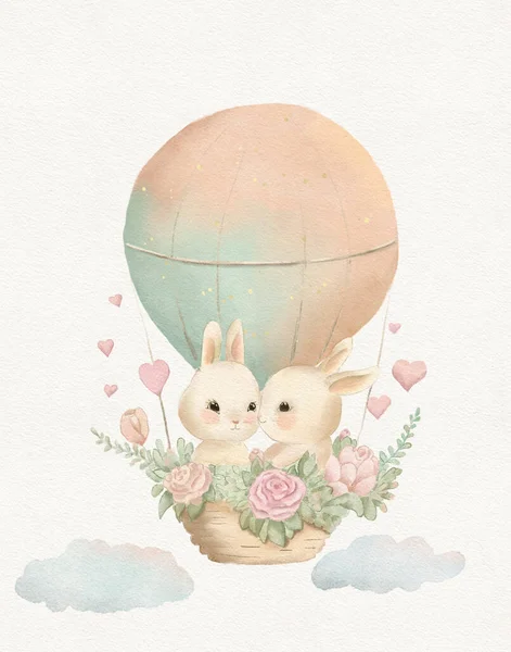 Drawing Watercolor Cute Loving Rabbits Romantic Card Greeting Card Bunnies — стоковое фото
