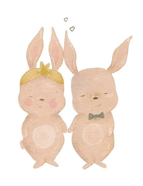 Рисование Акварелью Милые Любящие Кролики Романтическая Открытка Открытка Кроликами — стоковое фото
