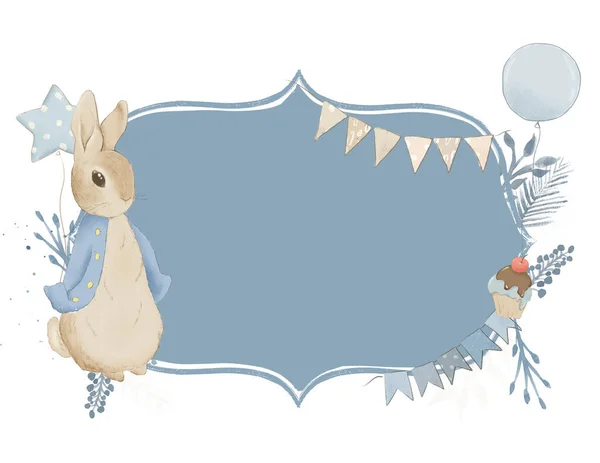 Rysunek Królika Balonami Urodzinowymi Kartka Życzeniami Dla Małego Chłopca Chłopiec — Zdjęcie stockowe