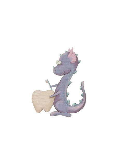 Drawing Purple Cute Dragon Who Brushes His Teeth Dragon Dentist — стоковое фото