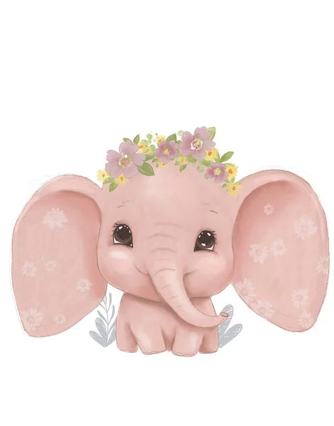 drawing of cute pink elephant with flower wreath and big eyes, baby girl birthday