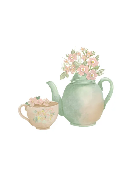 Time Drink Tea Drawing Vintage Teapot Cup Flowers — Fotografia de Stock