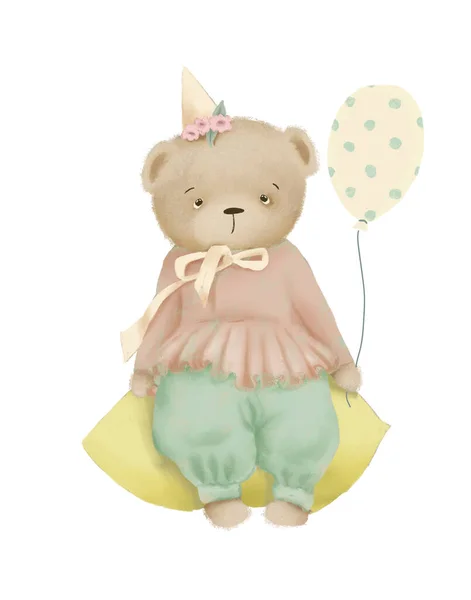 drawing of a cute vintage bear in a cap and a birthday balloon