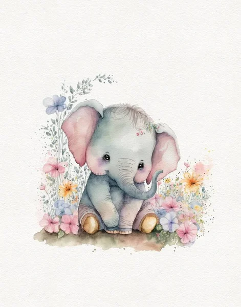 Watercolor cute elephant illustration in flowers, wild animal illustration
