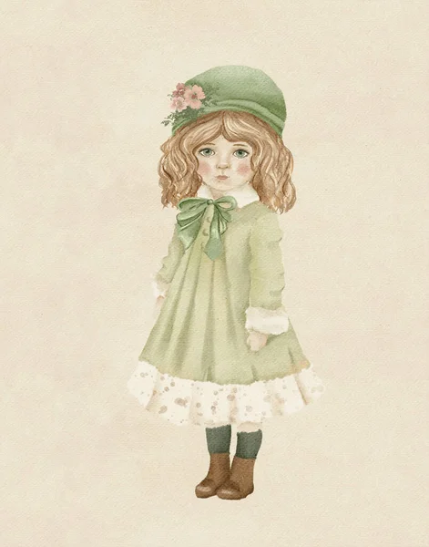 Dibujo Una Muñeca Vintage Vestido Verde Postal Retro Imagen de archivo