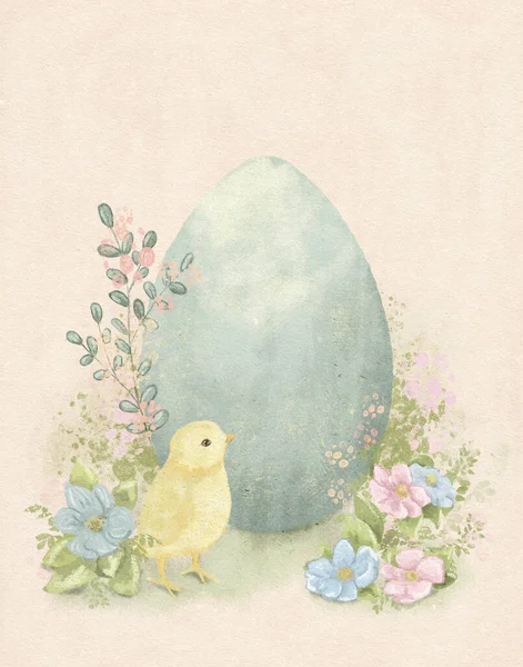 Vintage Wielkanoc Duże Jajko Małe Pisklę Kwiatach — Zdjęcie stockowe