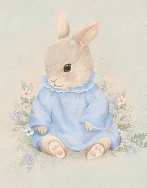 Pastel klasik tavşan çizimi, Paskalya tavşanı, pejmürde şık çizimler, çocuk kitapları için çizimler.