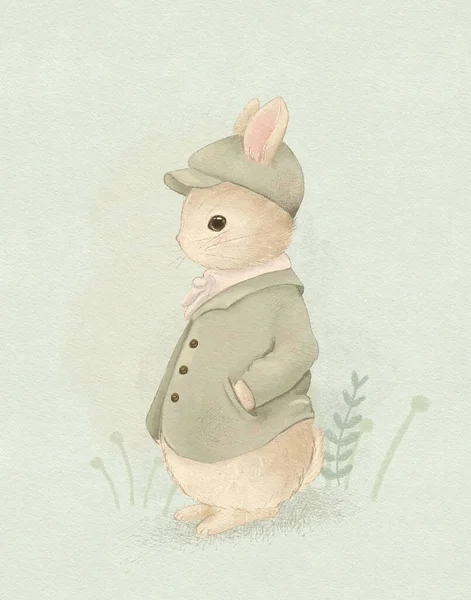 面糊复古兔子画 东方兔子画 破旧别致的图画 儿童读物插图 — 图库照片
