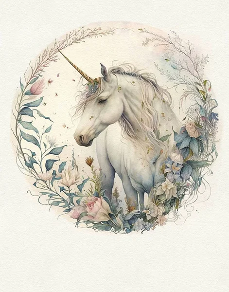 Pastel vintage drawing of a unicorn in a round floral frame