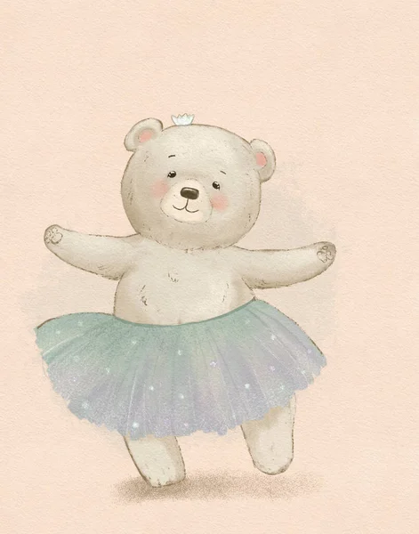 Cartoon drawing of a bear in a tutu is dancing
