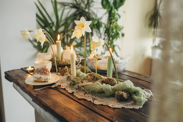 Decoration Festive Table Rustic Style Wood Products Moss Floristry Sweet — Stock Photo, Image