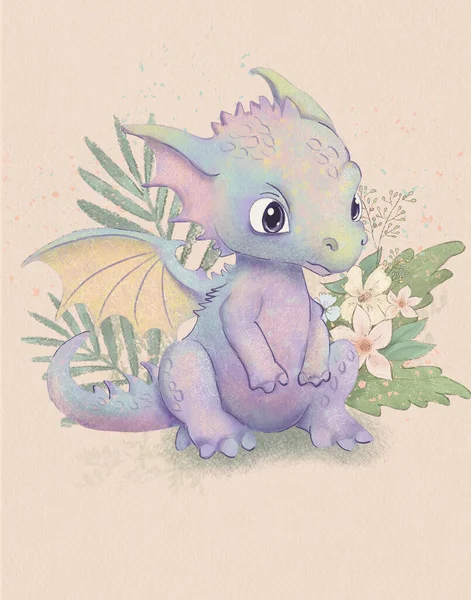 Pastel vintage dragon drawing, cute baby dragon animal, kids birthday card, illustration for children's books