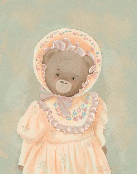 Pastel vintage taddy bear drawing, grandmother bearanimal, kids birthday card, illustration for children's books