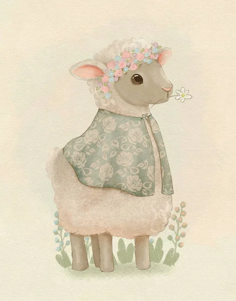 Pastel vintage sheep drawing, easter sheep, kids birthday card, illustration for children\'s books