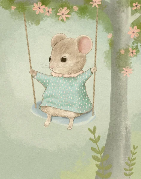 Pastel Vintage Mouse Drawing Cute Baby Animal Kids Birthday Card Stock Photo