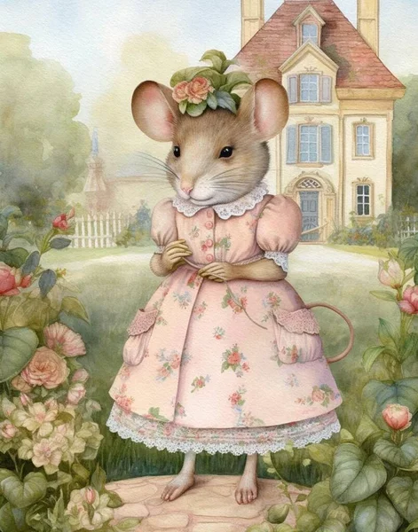Pastel vintage mouse drawing, mothers day card, kids birthday card, illustration for children\'s books