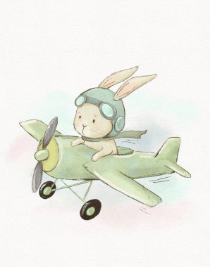 Uçaktaki bir tavşan pilotunun suluboya resimleri, çocuk odası için çizimler, çocuklar için klasik kartlar.