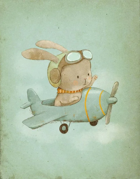 Aquarell Vintage Illustration Eines Hasenpiloten Flugzeug Zeichnung Für Ein Kinderzimmer — Stockfoto