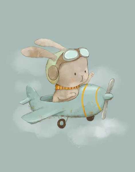 Watercolor vintage illustration of a rabbit pilot on a plane, drawing for a children\'s room, vintage card for children