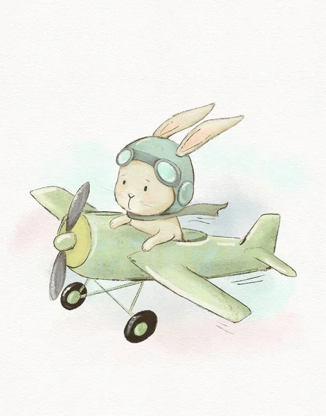 Akwarela Vintage Ilustracja Pilota Królika Samolocie Rysunek Pokoju Dziecięcego Karta — Zdjęcie stockowe