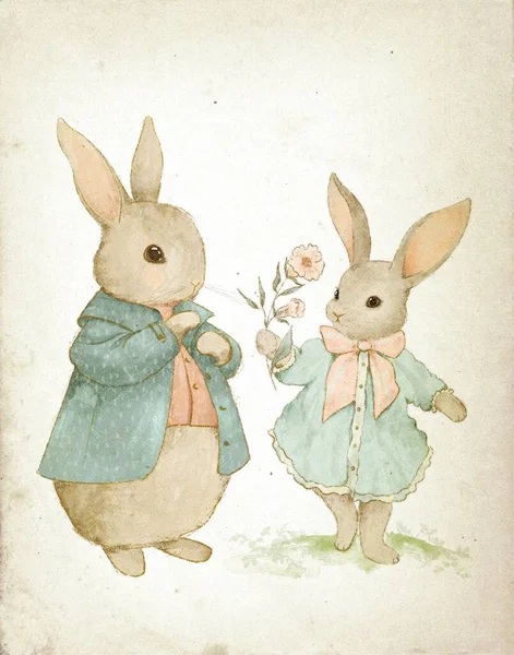 ヴィンテージの雰囲気の中で2匹の可愛いウサギの水彩画日付森の中を歩く ヴィンテージのポストカード — ストック写真