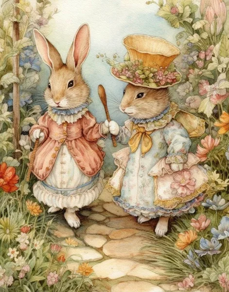 Акварельний Вінтажний Малюнок Двох Милих Кроликів Вінтажній Атмосфері Датується Прогулянкою — стокове фото