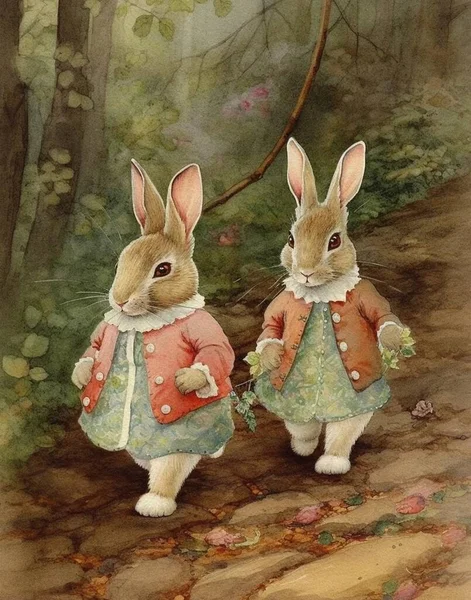 watercolor vintage drawing of two cute rabbits in a vintage atmosphere dating walk through the woods, vintage postcard
