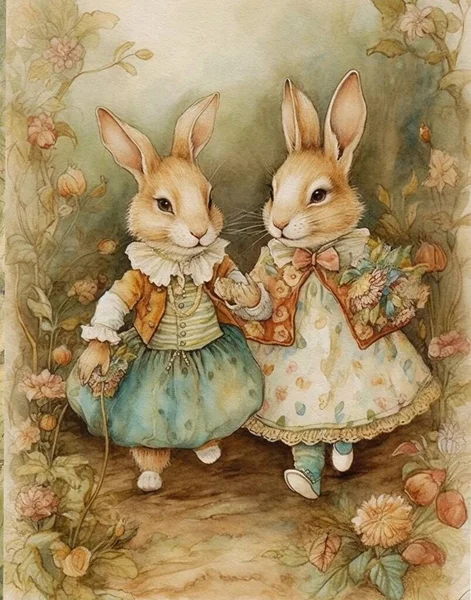 Акварельний Вінтажний Малюнок Двох Милих Кроликів Вінтажній Атмосфері Датується Прогулянкою — стокове фото
