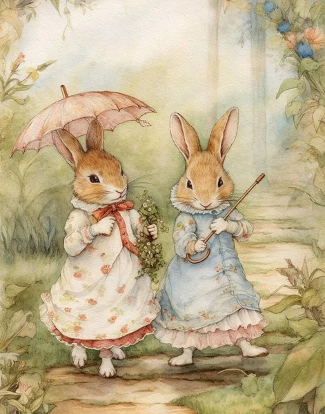 watercolor vintage drawing of two cute rabbits in a vintage atmosphere dating walk through the woods, vintage postcard