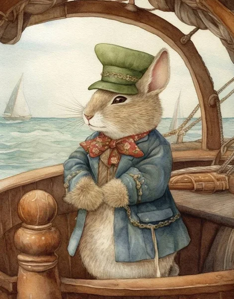 Акварельний Малюнок Кролячого Моряка Вінтажному Стилі Дерев Яному Човні Капітан — стокове фото