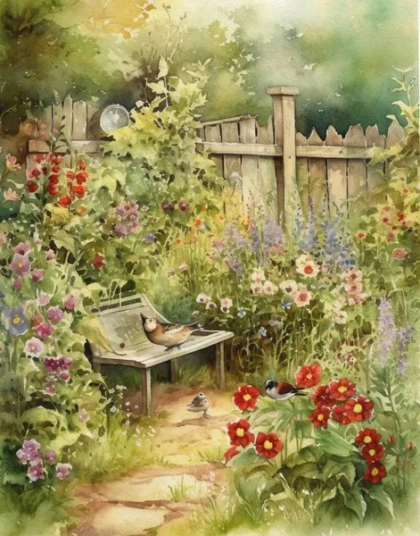 Magische Aquarell Sommergarten Mit Blumen Und Gemüse Vintage Postkarte Aquarell — Stockfoto