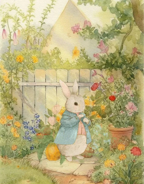 watercolor vintage drawing of a rabbit in vintage clothes walking in the garden, vintage postcard