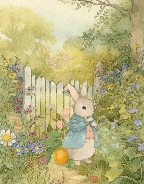 watercolor vintage drawing of a rabbit in vintage clothes walking in the garden, vintage postcard