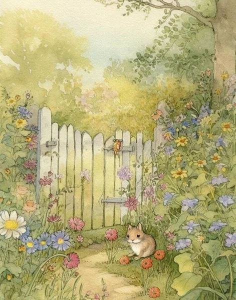 Magiczny Akwarela Letni Ogród Kwiatami Warzywami Pocztówka Vintage Akwarela Ogród — Zdjęcie stockowe