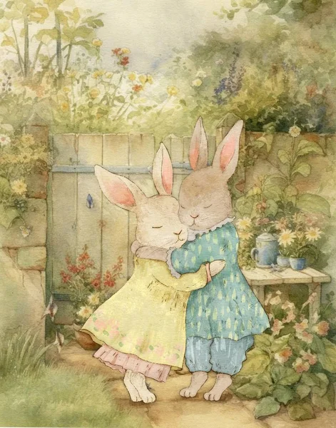 Акварель Винтажный Рисунок Двух Милых Кроликов Винтажной Атмосфере Знакомства Ходить Стоковое Фото