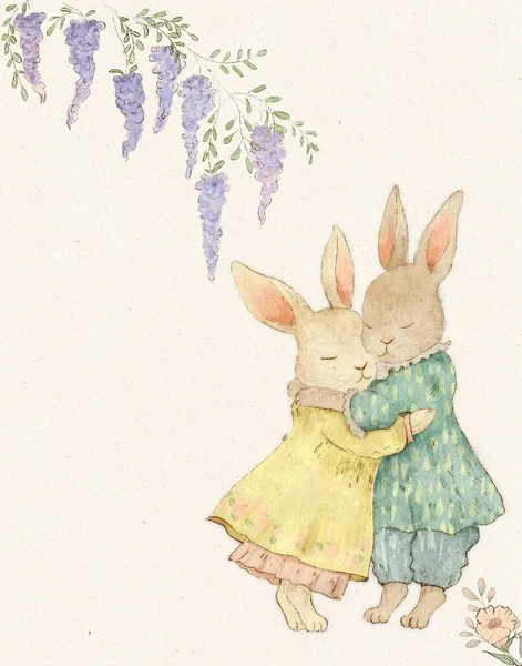 Watercolor Vintage Drawing Two Cute Rabbits Vintage Atmosphere Dating Walk Royalty Free Stock Photos