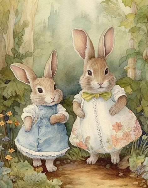 Акварельний Вінтажний Малюнок Двох Милих Кроликів Вінтажній Атмосфері Датується Прогулянкою Стокове Зображення