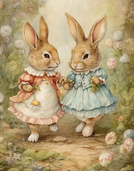 Акварельний Вінтажний Малюнок Двох Милих Кроликів Вінтажній Атмосфері Датується Прогулянкою Стокова Картинка