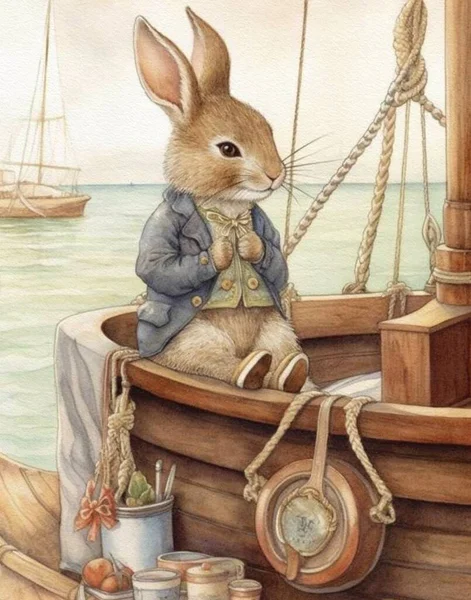 Watercolor Drawing Bunny Sailor Vintage Style Wooden Boat Rabbit Captain Stock Picture
