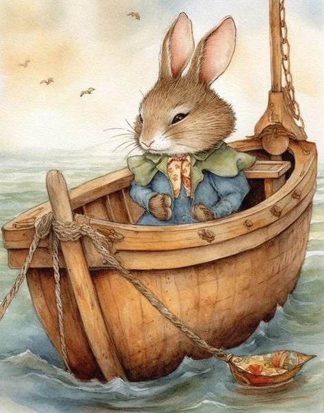 Watercolor Drawing Bunny Sailor Vintage Style Wooden Boat Rabbit Captain Royalty Free Stock Images